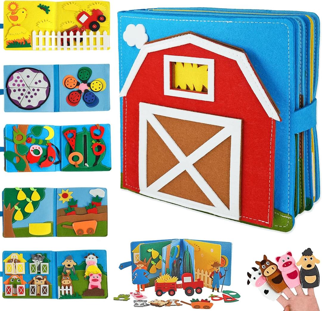 Cobelae Busy Book for Toddlers 1-3, Montessori Toys Busy Board for 1 Year Old,Farm Felt Quiet Activity Book for Toddlers, Airplane Travel Toys Gift for Boys Girls 1+ Year Old