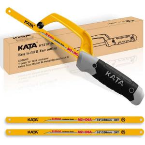 KATA Mini Hacksaw for Metal Cutting, Compact Hand Hack Saw Tool with 10 Inch Aluminum Frame and 2 Piece Extra Flexible Bi-Metal HSS Saw Blades, Small Handsaw Cutter for Wood, PVC, Iron, Copper