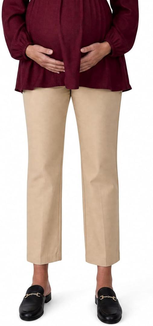 Motherhood Maternity Women's Super Stretch Secret Fit Over the Belly Ankle Straight Leg Pregnancy Dress Pants for Work (Beige, S)
