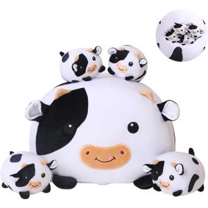 SQEQE Cow Stuffed Animal 5 in 1, Cute Cow Plush Bedtime Toys, Ultra Soft Dairy Cattle with 4 Babies Inside, Milk Cows Soft Plushies Pillow Gift for Kids Birthday Christmas Valentine's