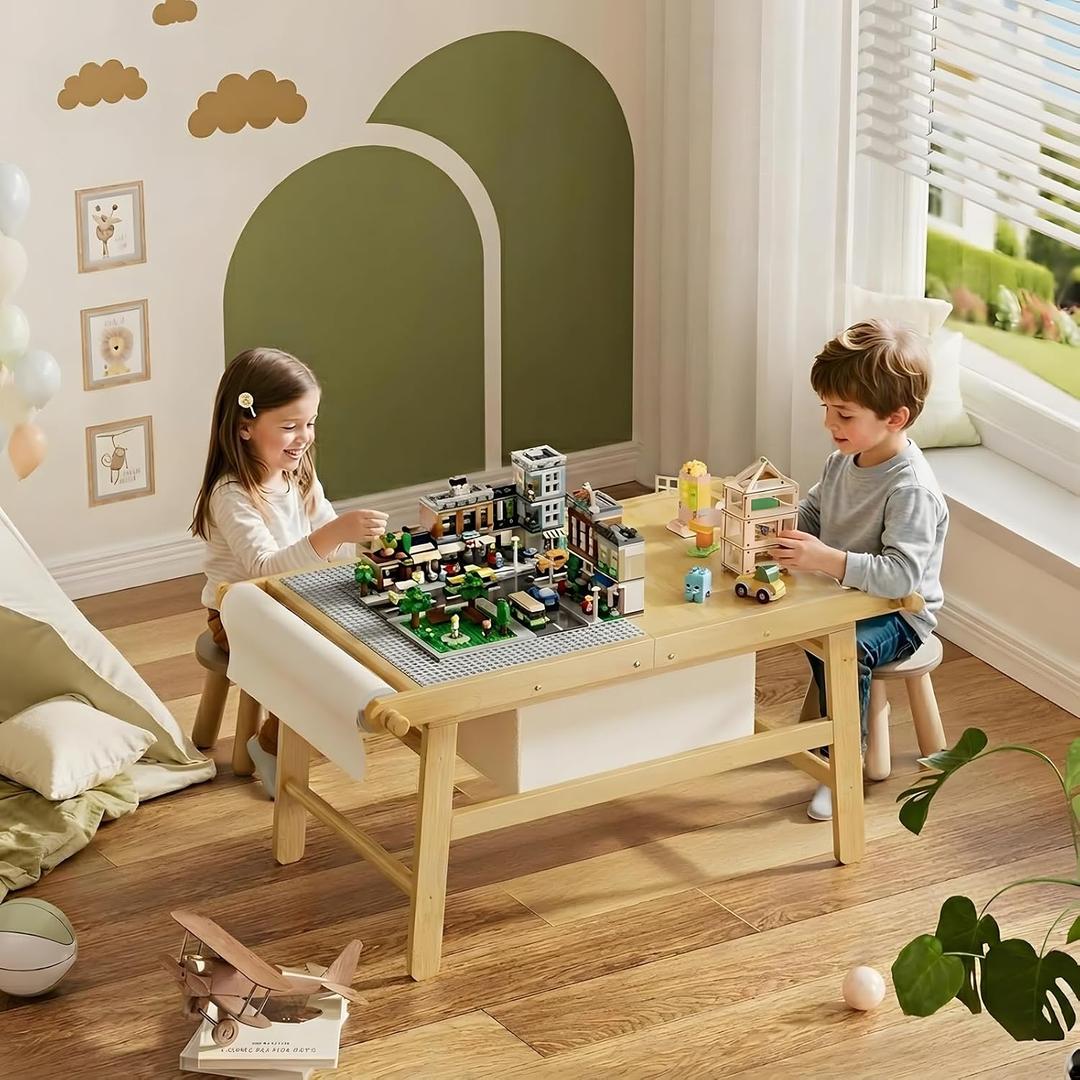 5 in 1 Kids Train Table, Bamboo Toddler Activity Table with Storage, Play Table for Toddlers, Boys, Girls, for Building Blocks, Painting, Sensory, Learning, and Dining, 37.7 x 22.8 x 19 inches