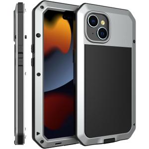 Compatiable with iPhone 15 Case,360 Full Body Protective Cover Heavy Duty Shockproof Tough Armour Aluminum Alloy Metal Case with Silicone Built-in Screen Protector - Silver