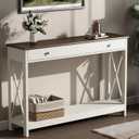 Treocho 47" Farmhouse Console Table with Drawer and Storage Shelves, Foyer Sofa Table Narrow for Entryway, Living Room, Hallway, Soft White