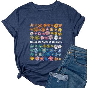 Ykomow Floral Celebrate Minds of All Kinds Shirts Womens Autism Awareness Graphic Tees Teacher Shirt (XX-Large, Navy)