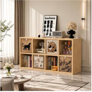 Solid Wood 8 Cube Storage Organizer Shelf with 4 Bins,Low Bookcase