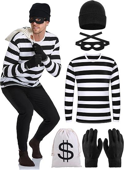 URATOT Halloween Robber Costume Set, Include Striped Long Sleeve T-Shirt Knit Cap Gloves Canvas Bags and Eye Mask and Socks Size L