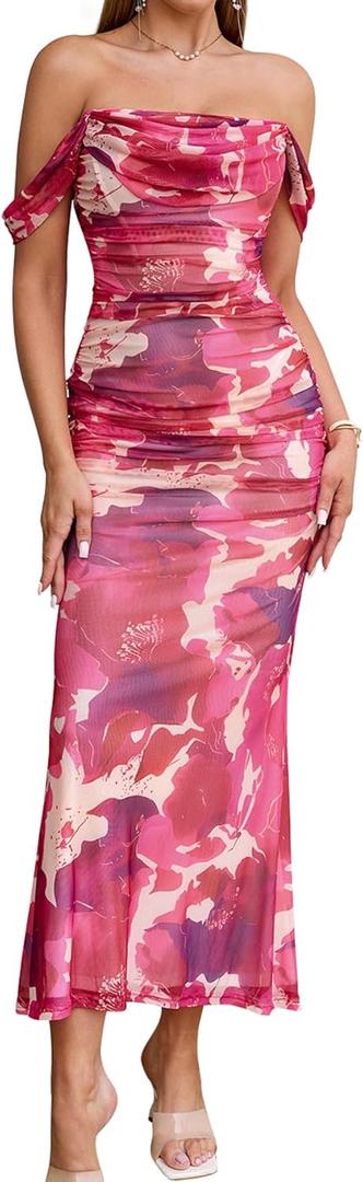 KUTUMAI Off The Shoulder Maxi Long Dress Corset Ruched Bodycon Cocktail Formal Wedding Guest Dresses for Women (Large, Print)
