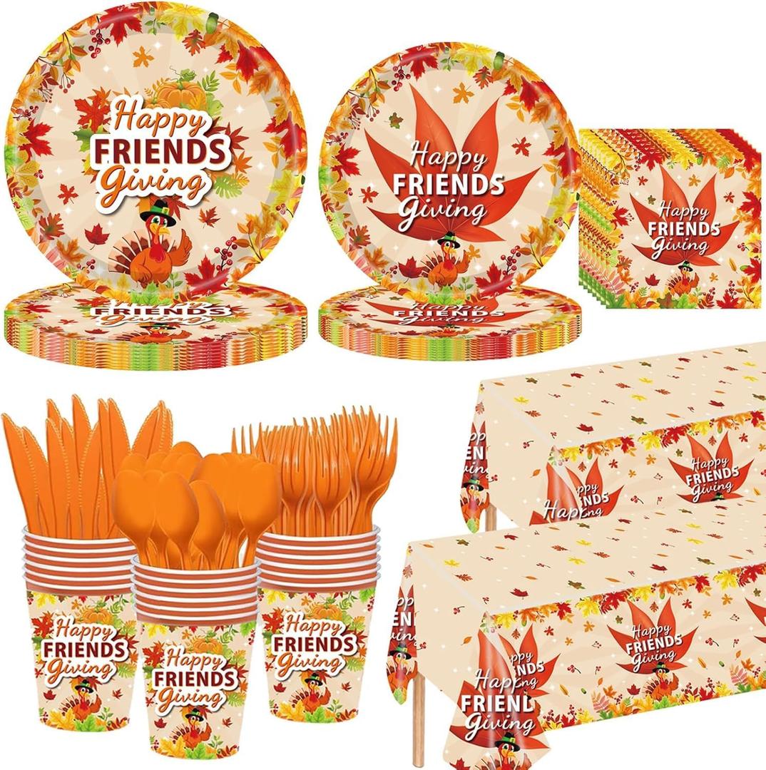 Friendsgiving Plates Napkins Set Friendsgiving Party Decorations Friendsgiving Pumpkin Themed Tableware Kit for Thanksgiving Friendsgiving Party Supplies, Serves 12