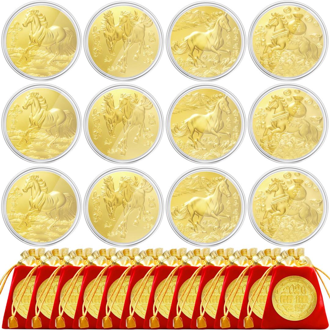 12 Sets Chinese Horse Coin 2026 Year of The Horse Zodiac Coin Gold Chinese Lucky Coin with 12 Red Drawstring Bags Lunar New Year Blessing Gifts with Protective Case