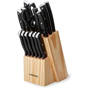 Farberware Triple Riveted Knife Block Set, 15-Piece, Black Pine, High Carbon-Stainless Steel Blades, Ergonomic Handles, Includes Natural Pinewood Block