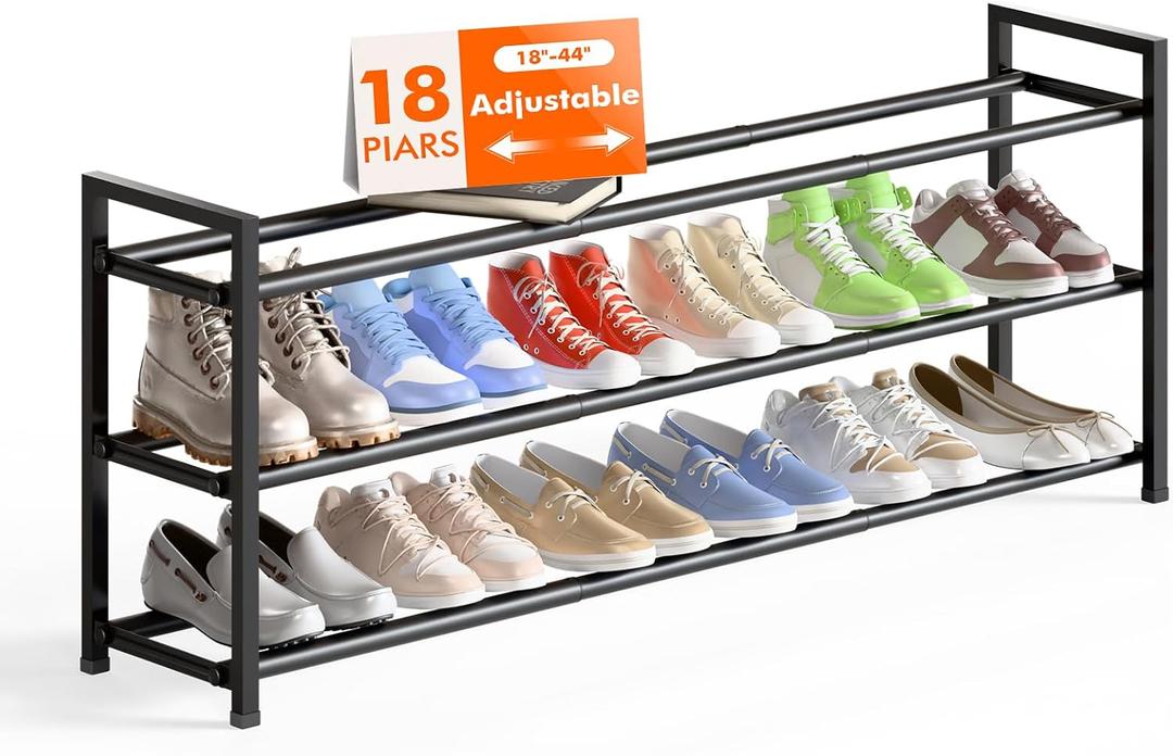 Bumusty 3-Tier Long Expandable Shoe Rack for Closet, 18"-44" Adjustable Shoe Rack for Entryway, 15-18 Pairs Large Shoe Organizer Shelf Storage, Sturdy Metal, Black