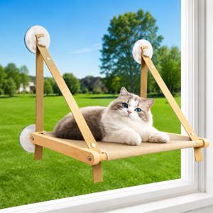 Cat Window Perch for Indoor Cats, Solid Wood Window Mounted Cat Bed with Washable Soft Seat, 4 Strong Suction Cups, Stable Hanging Hammock Lounge for Large Cats