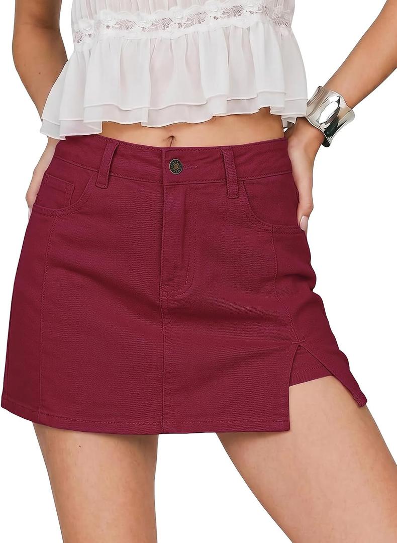 luvamia Skorts Skirts for Women Denim Mini Skirt Side Slit with High Waisted Jean Shorts Stretchy (Red, M)