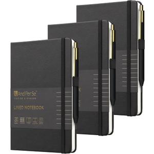 &And Per Se Lined Journal and Pen Set (3 Packs), A5 Leather Hardcover Notebook with Pen & Stationary Set, 160 Pages 100GSM Thick Ruled Paper Journal for Business Work Writing (Black)