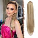 FESHFEN Straight Ponytail Extensions Long Drawstring Pony Tails Natural Synthetic Hair Piece Clip in Ponytails Hairpieces for Women, Mixed Blonde 20 inch