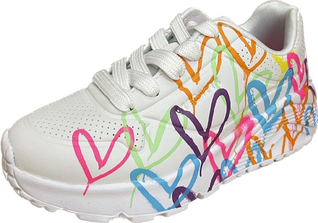 Skechers Girls' Uno Lite Spread the Love Sneakers (13 Little Kid, White/Mint)
