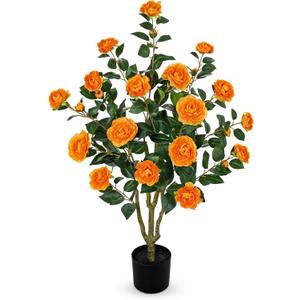 3ft Artificial Camellia Tree Fake Camellia Plant with Orange Flowers