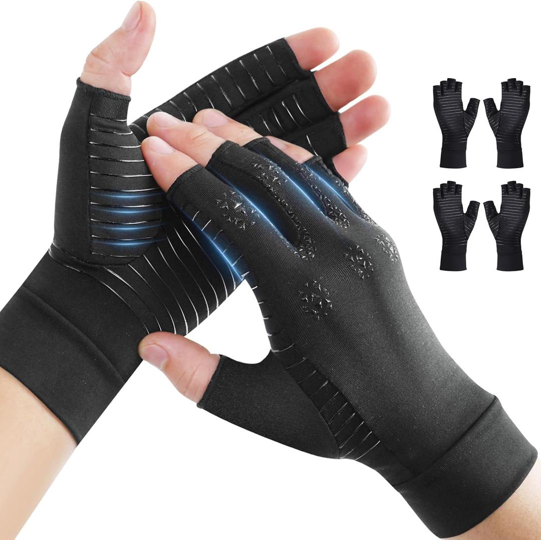 Donfri 2 Pairs Copper Arthritis Compression Gloves Women Men Black (M)