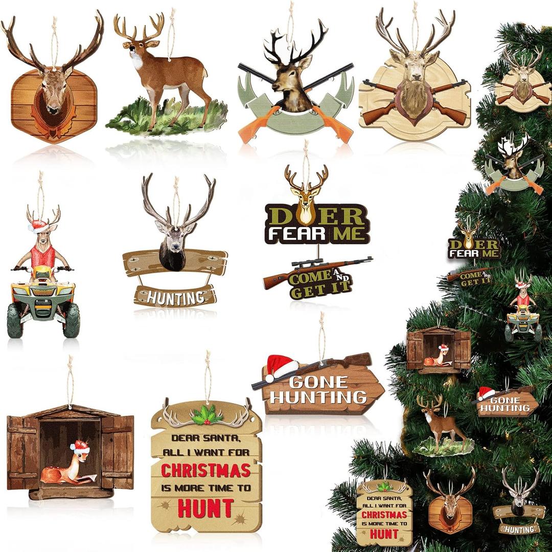 Amyhill 30 Pieces Christmas Deer Tree Ornaments Wooden Buck Hunting Ornament Deer Hunting Decorative Hanging Ornaments with Gun Christmas Ornament Woodland Wild Life Decorations for Xmas (Retro)