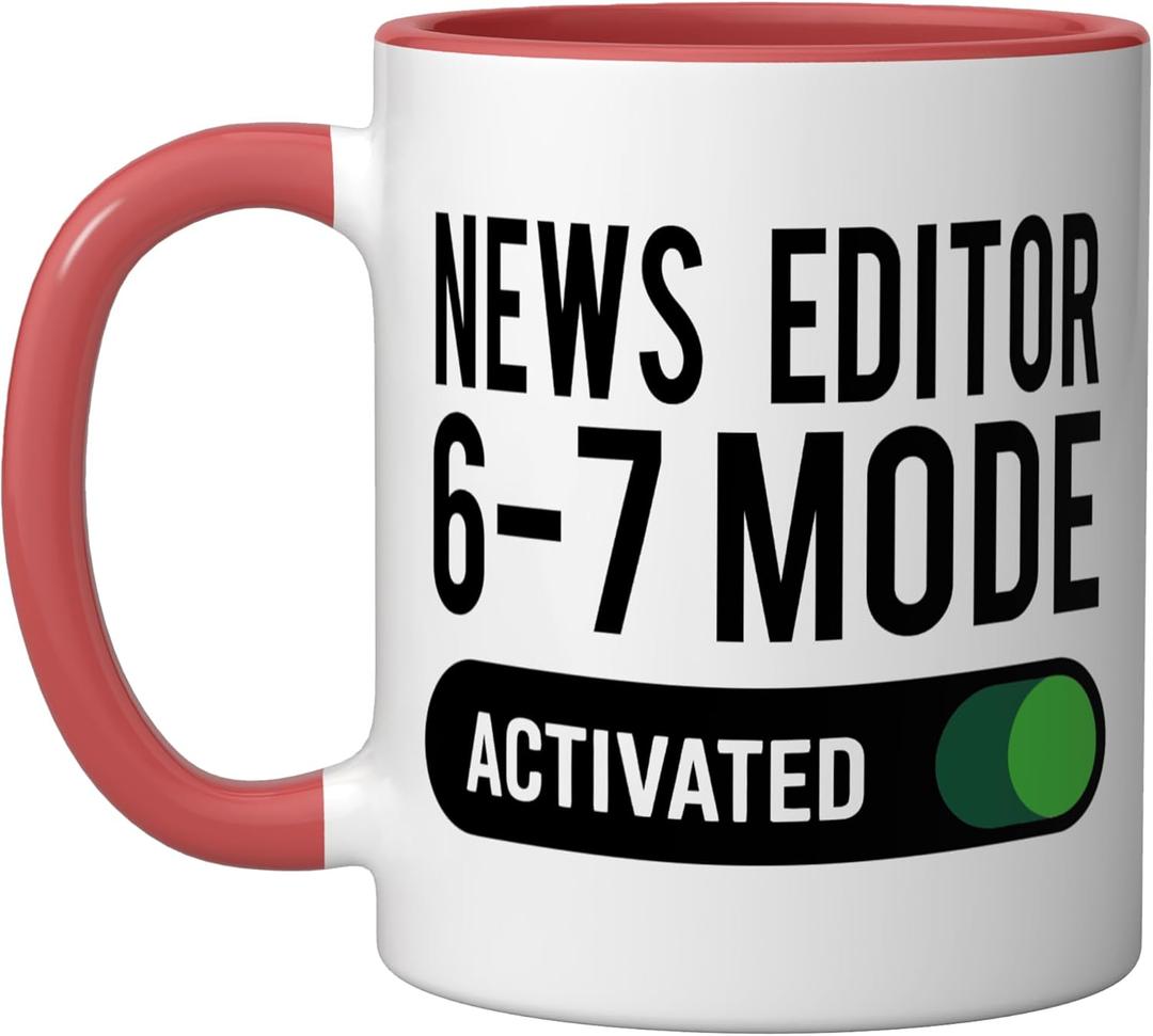 News Editor 6-7 Mode Activated Funny Job Title School Work Ceramic Mug, Red/White (11 Ounces)