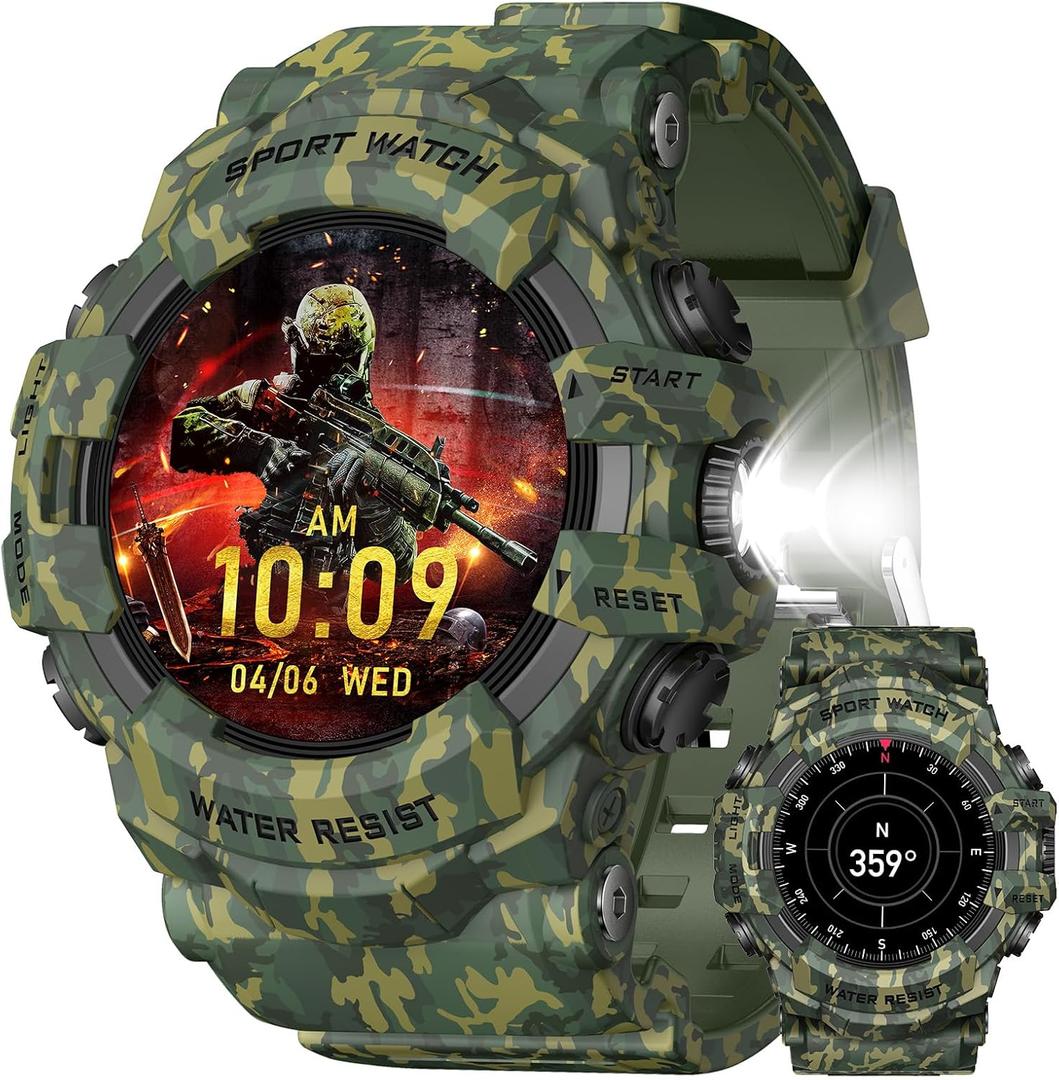 MIDDOW Military Smart Watch with Flashlight (Answer/Make Call) Compass, Heart Rate/Sleep/Sports Tracker, IP68 Waterproof, Long Battery Life, HD Screen, Android & iOS (Camo Green)