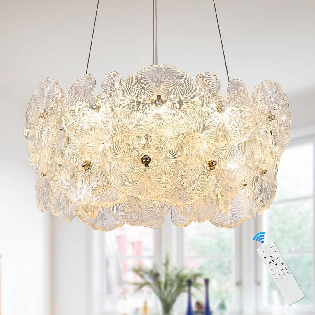 Modern Gold Glass LED Chandelier 20" Elegant Lotus Leaf Dimmable Ceiling Chandeliers with Remote Control Luxury for Foyer Entryway Living Dining Room(3000K-6500K)