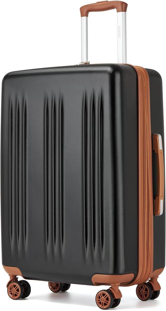 Kono Lightweight 28 Inch Expandable Luggage with Quiet Spinner Wheels TSA Lock, Scratch and Drop Resistant PC+ABS Hardside Durable Large Checked Suitcase, Black & Brown