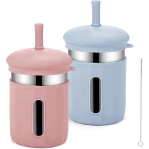 Beyoung Kids Cups with Straws and Lids, 12.5oz Stainless Steel Kids Straw Cups with Silicone Sleeves, Spill Proof, Durable Drinking Cups for Kid and Adults,2PACK (Coral+ Blue)