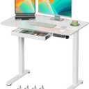 Gibbon Mounts Glass Standing Desk with Drawer, 35×20Inch Whole Piece Height Adjustable Rising Desk, Electric Sit Stand Desk with Wheels, Small Computer Desk, White, 35" W x 20" D x 28.3" H