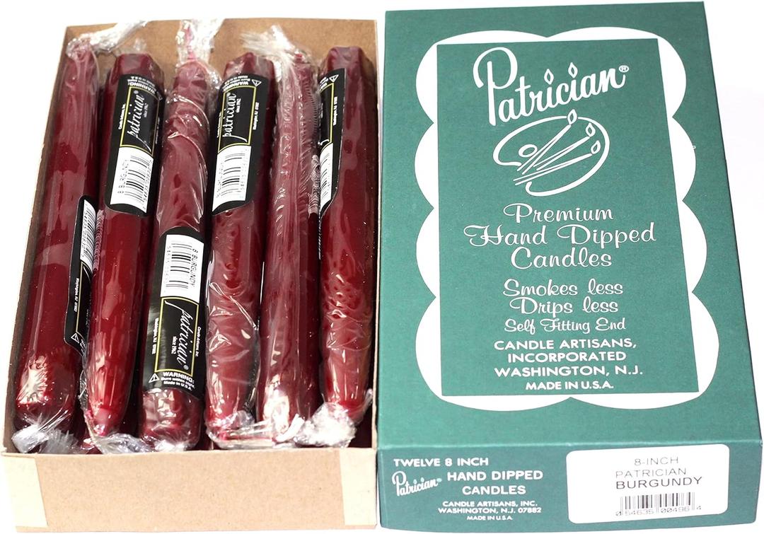 patrician 8in Burgundy Taper Candles Made in USA. 12 Count