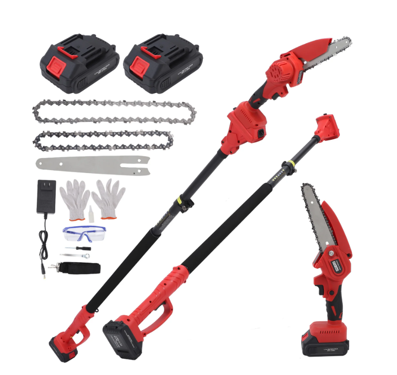 2-in-1 Cordless Pole Saw & 8'' Mini Chainsaw,Forest Ranger Approved Electric Handheld Chain Saw with 2× 21V 4.0Ah Rechargeable Batterie&Charger, Auto Oiling Multi-Angle,Max 16Ft Saw for Tree Trimming, Red Color