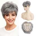 Short Hair Topper for Thinning Hair 4 Inch Short Pixie Cut Toppers Pieces Natural Curly Texture Synthetic Mix Grey Wiglets Hairpieces (4 Inch)