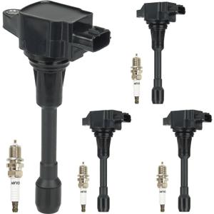 Ignition Coil Pack & Iridium Spark Plugs Fit for 2007-2016 Nissan Altima, for Nissan Versa Sentra Rogue Cube Rogue Select NV200 1.6L 1.8L 2.0L 2.5L L4, Replaces for UF549 C1696 C751, 4 Sets, Black
