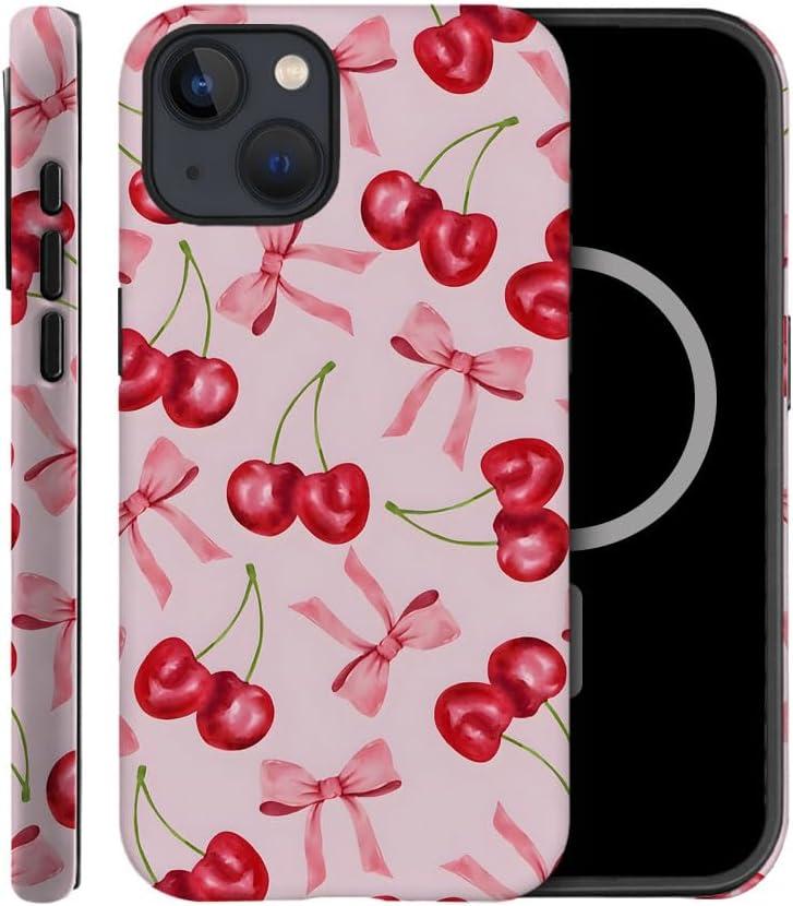 Case Compatible with iPhone 15 Plus,Compatible with MagSafe,Fall Prevention Hybrid 2-Layer Hard Shell Cases for Girls Boys,Pink Bow Cherry Ribbon Fruit