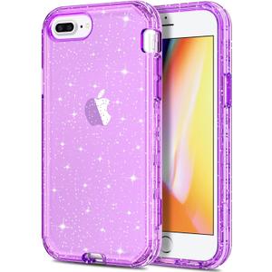 Hython Case for iPhone 8 Plus, iPhone 7 Plus Case, Crystal Clear Glitter Transparent Defender Protective Bling Sparkle Hard Shell Hybrid Shockproof Rubber Bumper Phone Cover, Purple Glitter