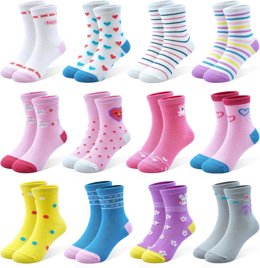 12 Pairs Boys Socks for Kids Crew Socks Cotton Cartoon Novelty Crazy for Toddler 1-7 Years Old (3-5T)