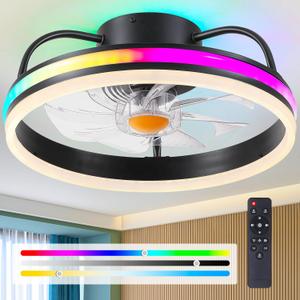 Ceiling Fan-Low Profile Ceiling Fan with Light - Modern Flush Mount Ceiling Fan ,16" RGB Dimmable LED Enclosed Ceiling Fans,Modern Bladeless LED-RGB Ambient Light for Bedroom Kids Room PartyBlack