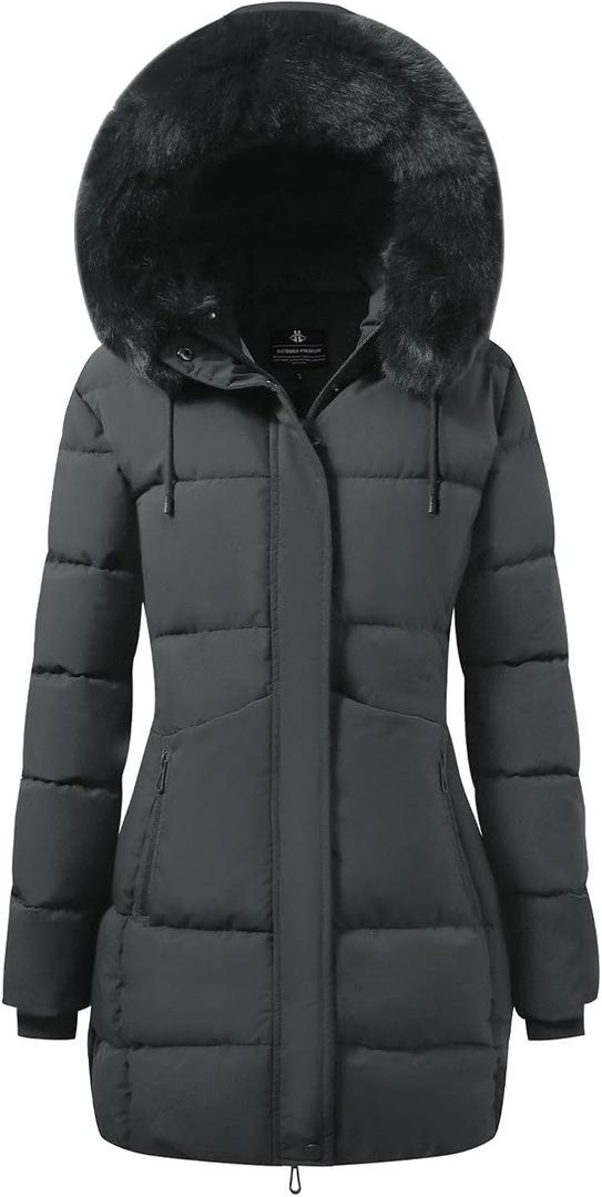 ASPO Women's Winter Warm Coats Waterproof Thick Fleece Lined Down Puffer Jacket 5 Pockets Long Parka Faux Fur Detachable Hood Dark Grey S (Gray, S)