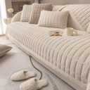 vctops Velvet Plush Plaid Quilted Sofa Cover Super Soft Non Slip Sectional Couch Cover Farmhouse Fluffy Fuzzy Sofa Slipcover Furniture Protector for Dogs Cats Pet (Cream,43"x94")