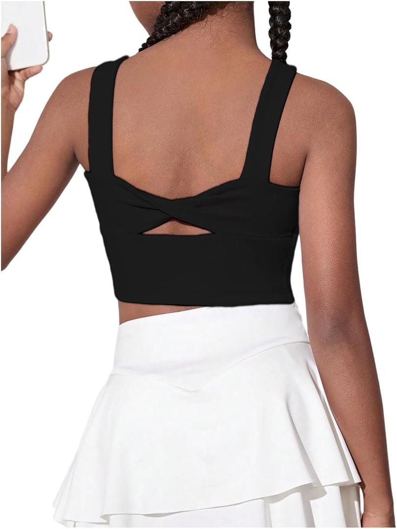 WDIRARA Girl's Twist Back Sports Bras Backless Tank Top Workout Sports Shirts for Gym (Black Plain)