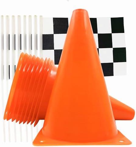 YOELVN Race Car Birthday Party Decorations - 7inch Orange Race Cones(Holes on Top) with Checkered Flags,12 Traffic Cones, 24 Racing Black and White Flags,Racecar Theme Two Fast Centerpieces Supplies(36PCS)