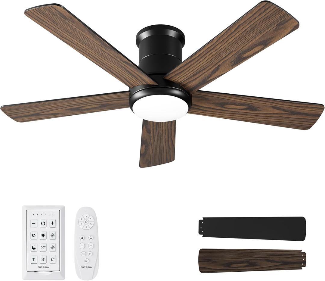42 Inch Low Profile Ceiling Fan with Light, Black Ceiling Fans with Lights and Remote, Flush Mount, 6 Speeds Reversible Quiet DC, 3CCT Dimmable, Indoor Outdoor Ceiling Fans for Patios Bedroom