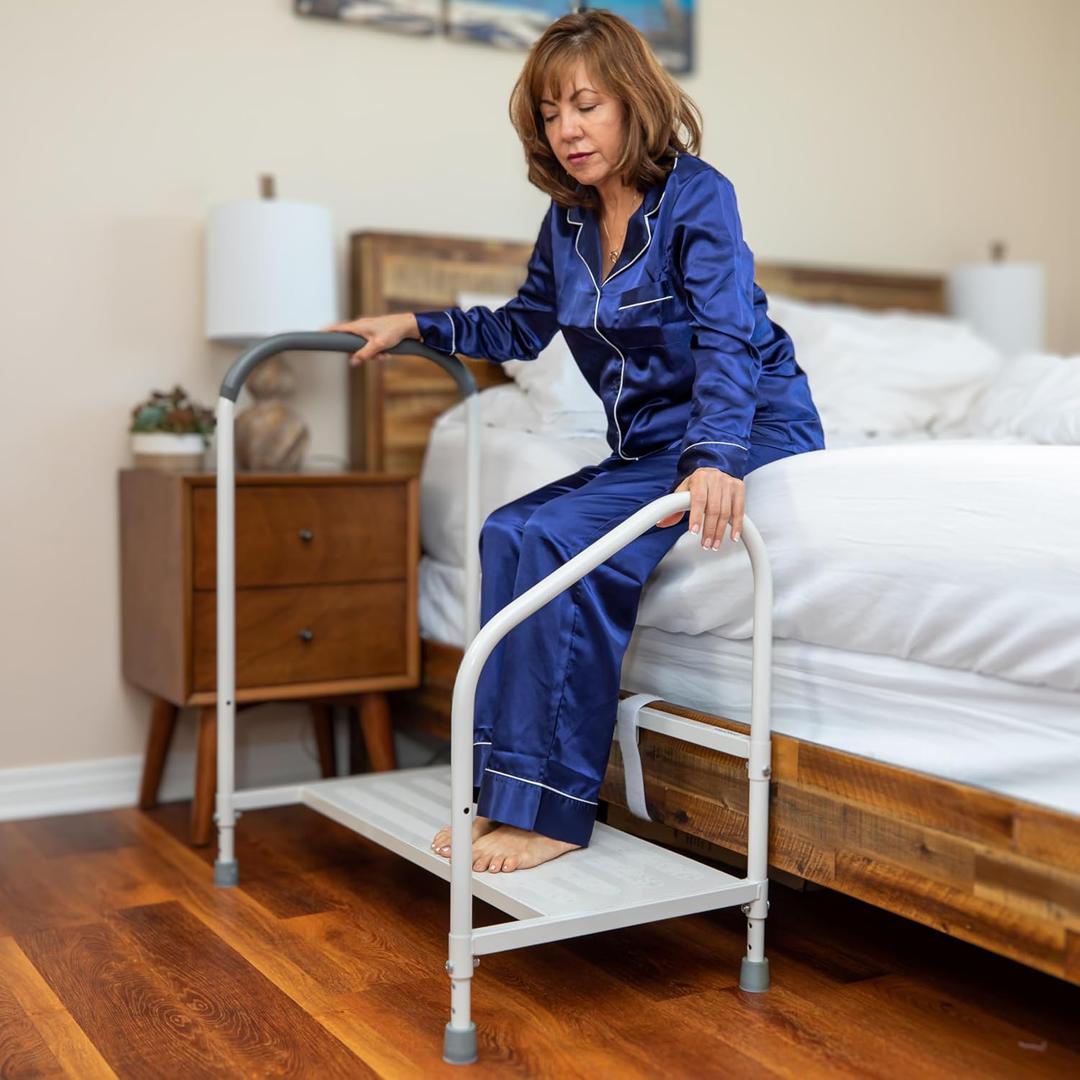 step2bed Bed Step Stool for Adults Adjustable Bedside Platform with Safety Handle, Motion Sensor Light & Wide Base, Bedside Steps for Beds and Seniors