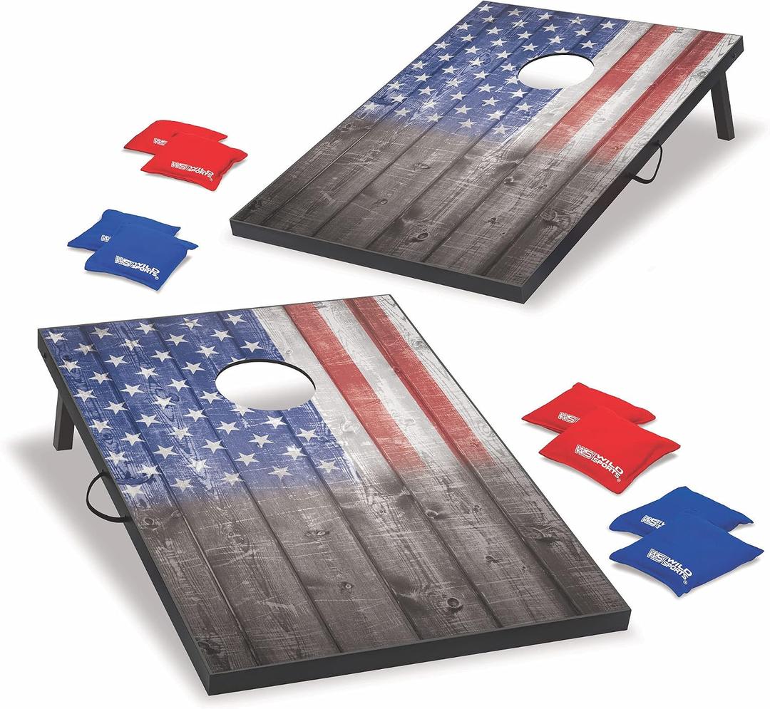 Wild Sports 2x3 or 2x4 Cornhole Outdoor Game Set, USA Flag or Natural Wood Options with Carry Bag Included Perfect for Backyard, Beach, and Tailgates, Add On Extra Bags