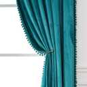 Victree Pom Pom Velvet Curtains for Bedroom, Blackout Curtains 52 x 84 inch Length - Room Darkening Sun Light Blocking Rod Pocket Window Drapes for Living Room, 2 Panels, Teal Blue