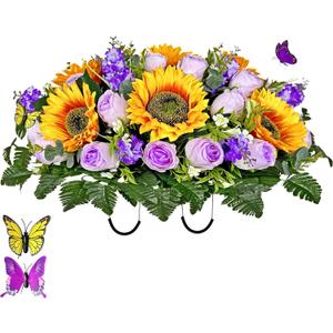 MUVIC Artificial Cemetery Flowers Saddle - Memorial Flowers Bouquet - Outdoor Grave Decorations,Sympathy Flower - Rose Sunflower Hyacinth