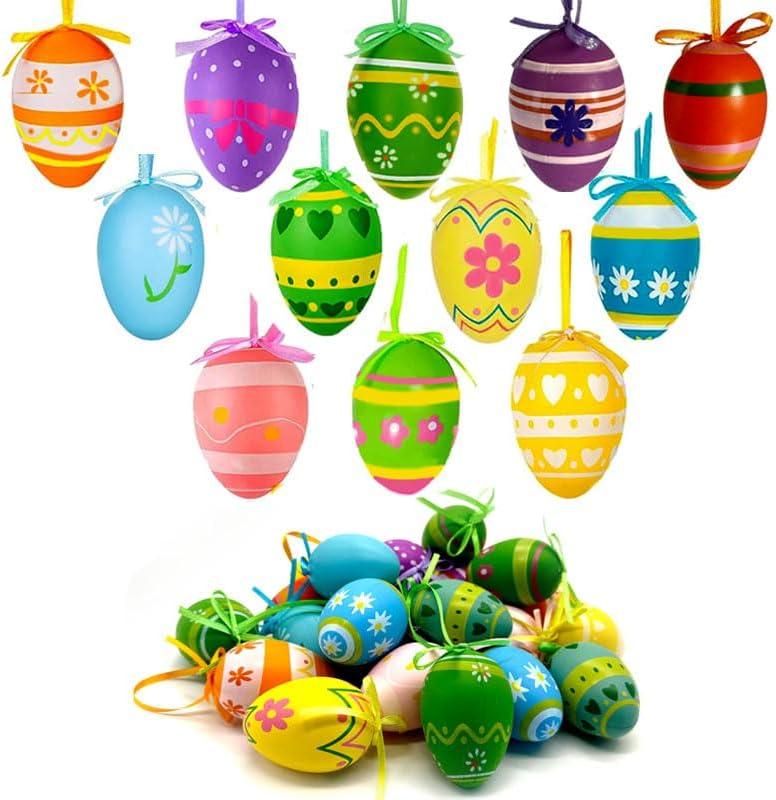 24Pcs Easter Hanging Eggs Ornaments for Tree Decorations, Muticolored Easter Tree Ornaments, Plastic Egg Basket Decor Spring Party Favor Supplies