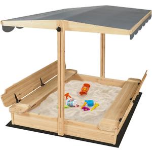 Wooden Sandbox with Lid & Canopy Cover, 48x48 Large Outdoor Sand Box for Kids Ages 4-8, with Foldable Bench Seats, UV-Resistant & Adjustable Height Roof & Bottom Liner