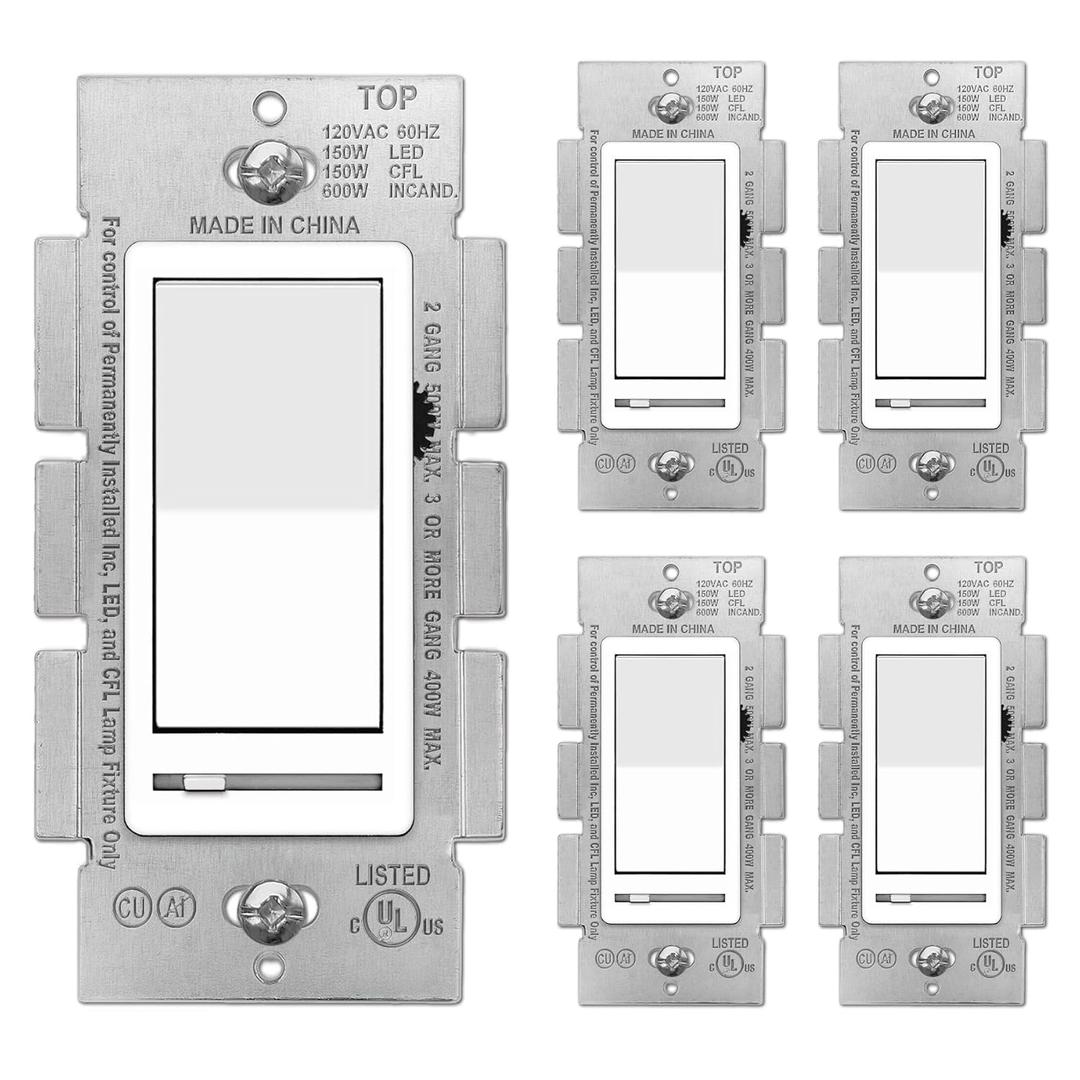 BESTTEN 5 Pack Dimmer Light Switch, Single Pole or 3Way, Compatible with Dimmable LED, CFL, Incandescent and Halogen Bulb, LED Slide Dimmer Switch, Neutral Wire Not Required, 120VAC, UL Listed, White