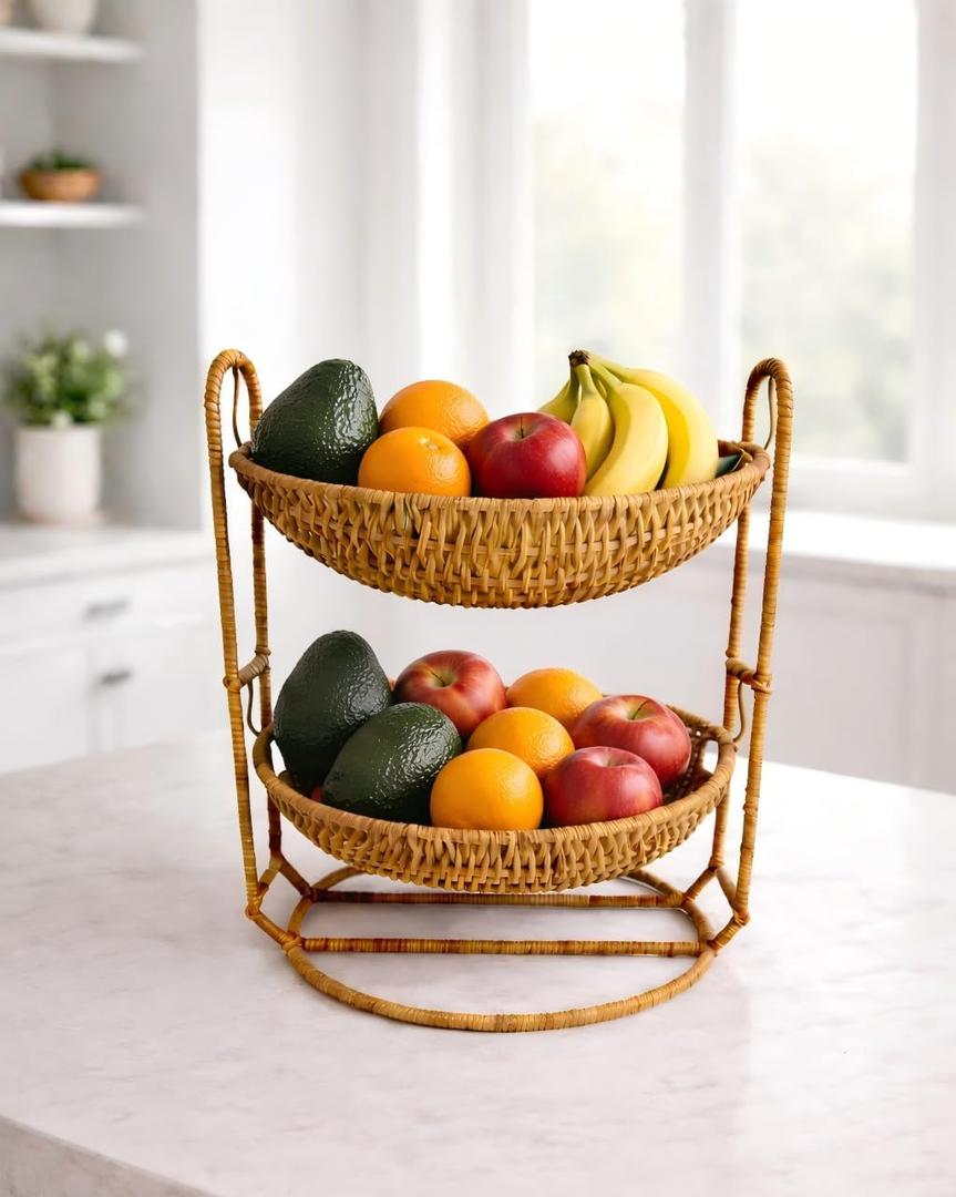 2-Tier Wicker Fruit Basket Stand, Handwoven Plastic Rattan Fruit and Vegetable Storage Organizer, Rustic Boho Countertop Display Basket for Produce, Bread, Snacks, or Towels
